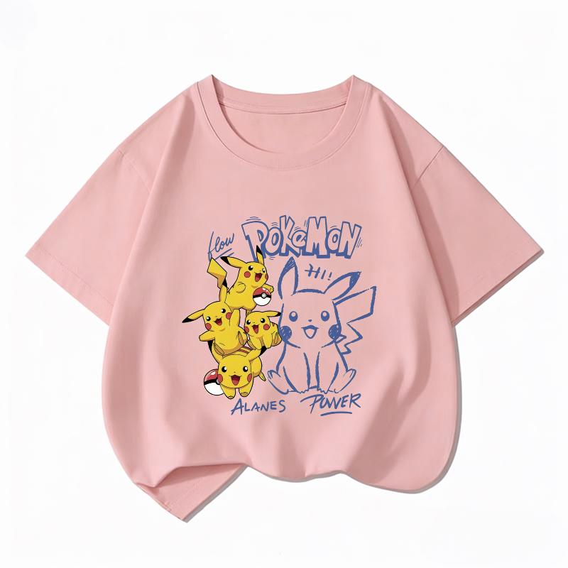 Potdemiel Kids Cotton Tshirt Cute Pikachu Print Summer Short Sleeve Tee Boys Girls Breathable Casual Crew Neck Tops