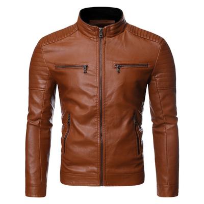Gewaschene Pu-Lederjacke für Herren, Stehkragen, Motorrad-Lederjacke für Herren