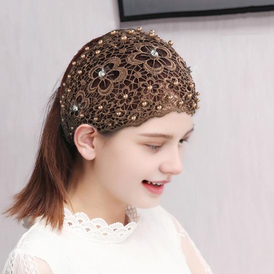 Krajková čelenka zdobená umělými perlami Dámská vysoce elastická široká vlasová gumička s designem pětilisté květiny Vlasové doplňky