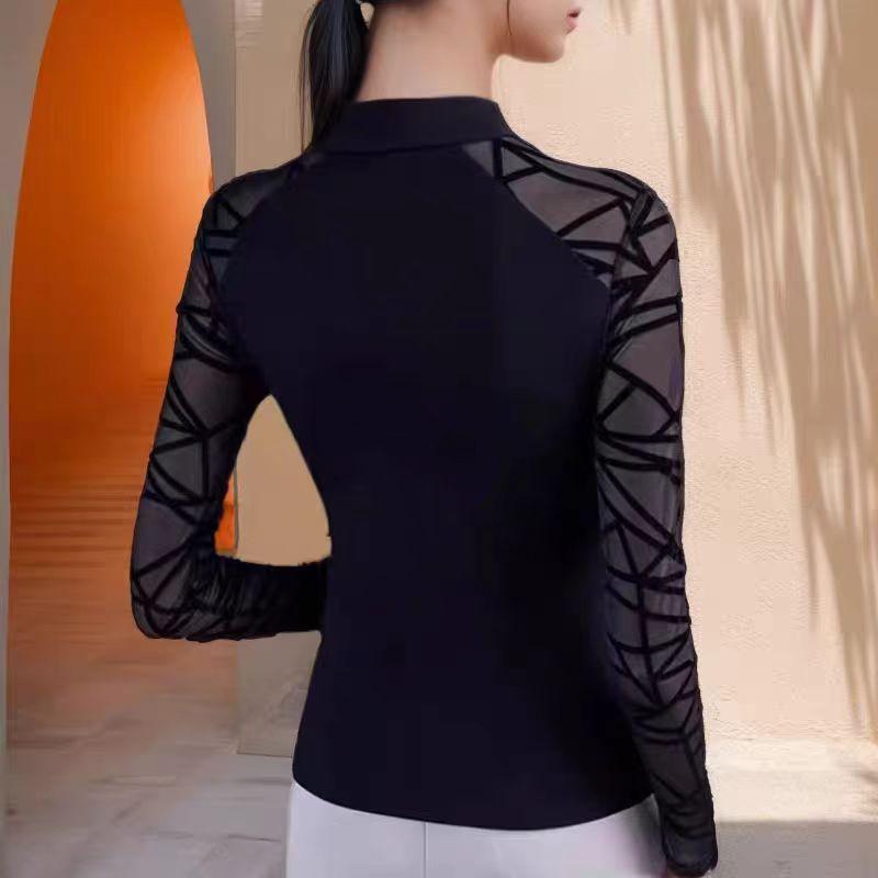 Five-point Sleeve T-shirt Women's Hollow Black Slim Shirt Half High Neck Fashionable Versatile Top