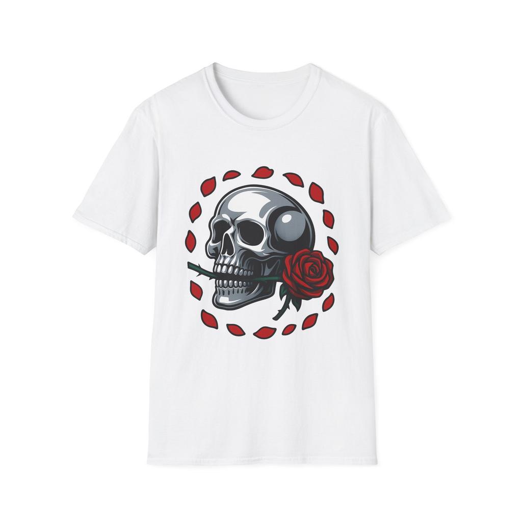 Unisex Softstyle T-Shirt Metallic Skull Rose Gothic Dark Romance Memento Mori