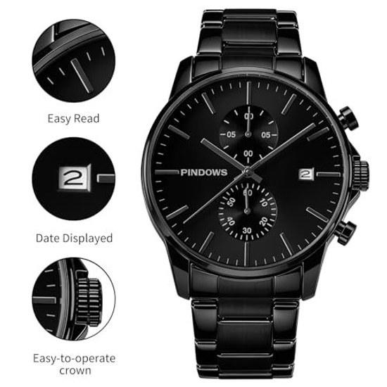 PINDOWS Mens Watch Black - Simple Stainless Steel Chronograph Business Date Display