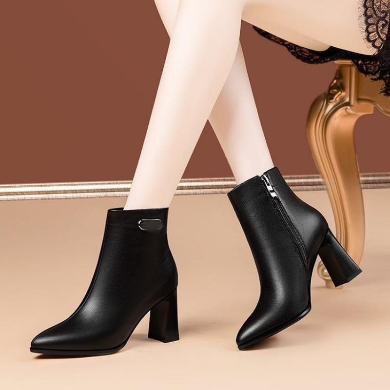 New High Heels, Ankle Boots, Women's Shoes, Pointed-toe, Chunk-heeled, Versatile, Fleece and Warm Shoes