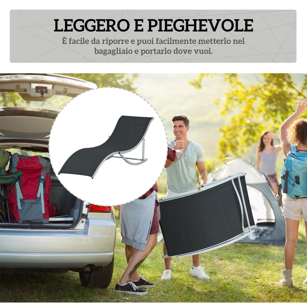 Set of 2 Folding Garden Loungers In Aluminum and Texteline. 61x165x63cm. Black