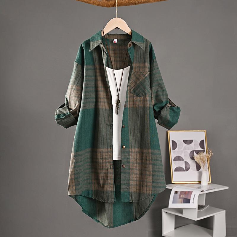 Retro Plaid Long-Sleeve Cotton-Linen Top: Spring/Autumn Loose-Fit Jacket