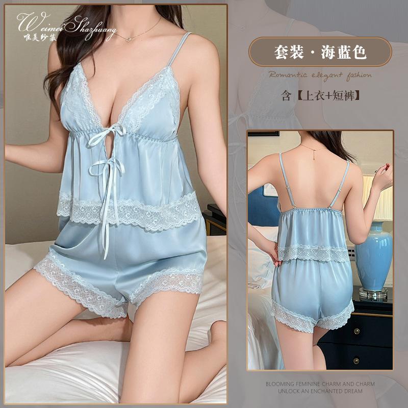 Beautiful yarn sexy women's ice silk suspender shorts set front lace-up pure desire wind belt chest pad lace suit