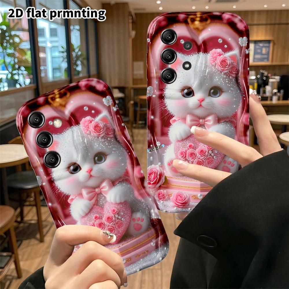 Phone Case: 2D Flat Samsung Galaxy A34 A35 M05 M06 S20 S22 S21 FE Plus 5G Protective Case, Cute Little White Cat, Christmas and Halloween Gift