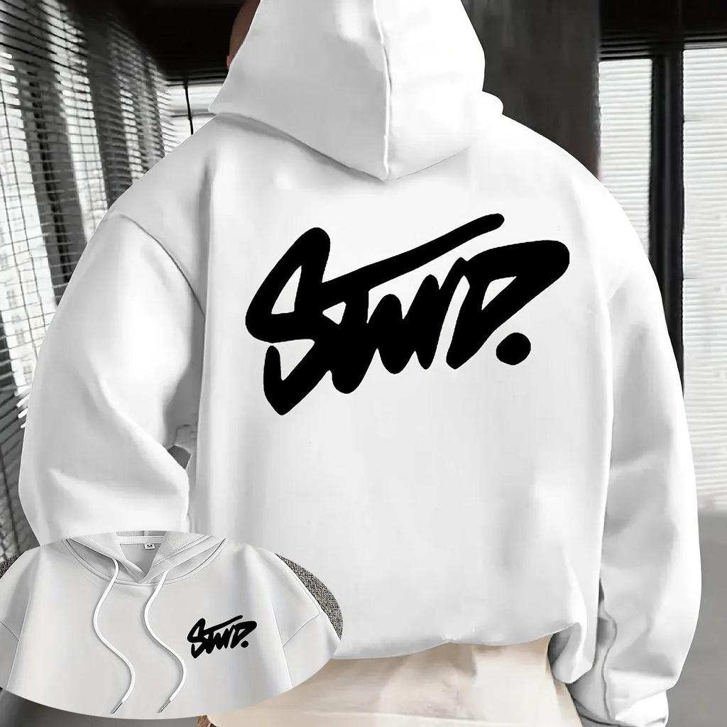 Hanorac Trendy pentru Bărbați cu Imprimeu cu Litere și Glugă - Croială Largă, Stil Străzii European American, Colecția de Primăvară/Toamnă