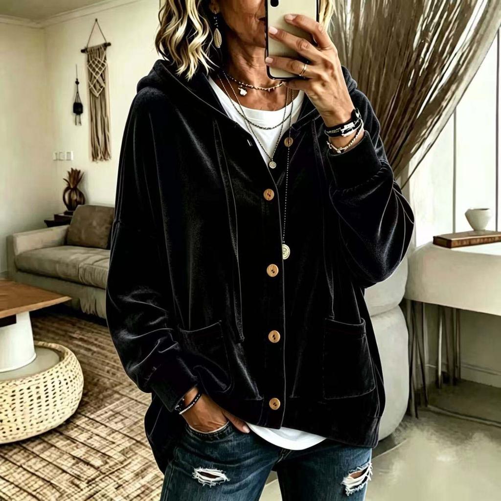 Women Solid Color Button Hooded Velvet Long Sleeve Casual Cardigan Coat