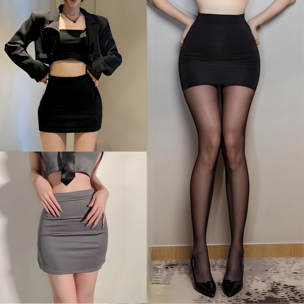 2PCS Mini Skirt + Stockings Set High Waist Skirts Sexy Casual Tight Party See Through Package Wrap Hip Short Skirts for Woman