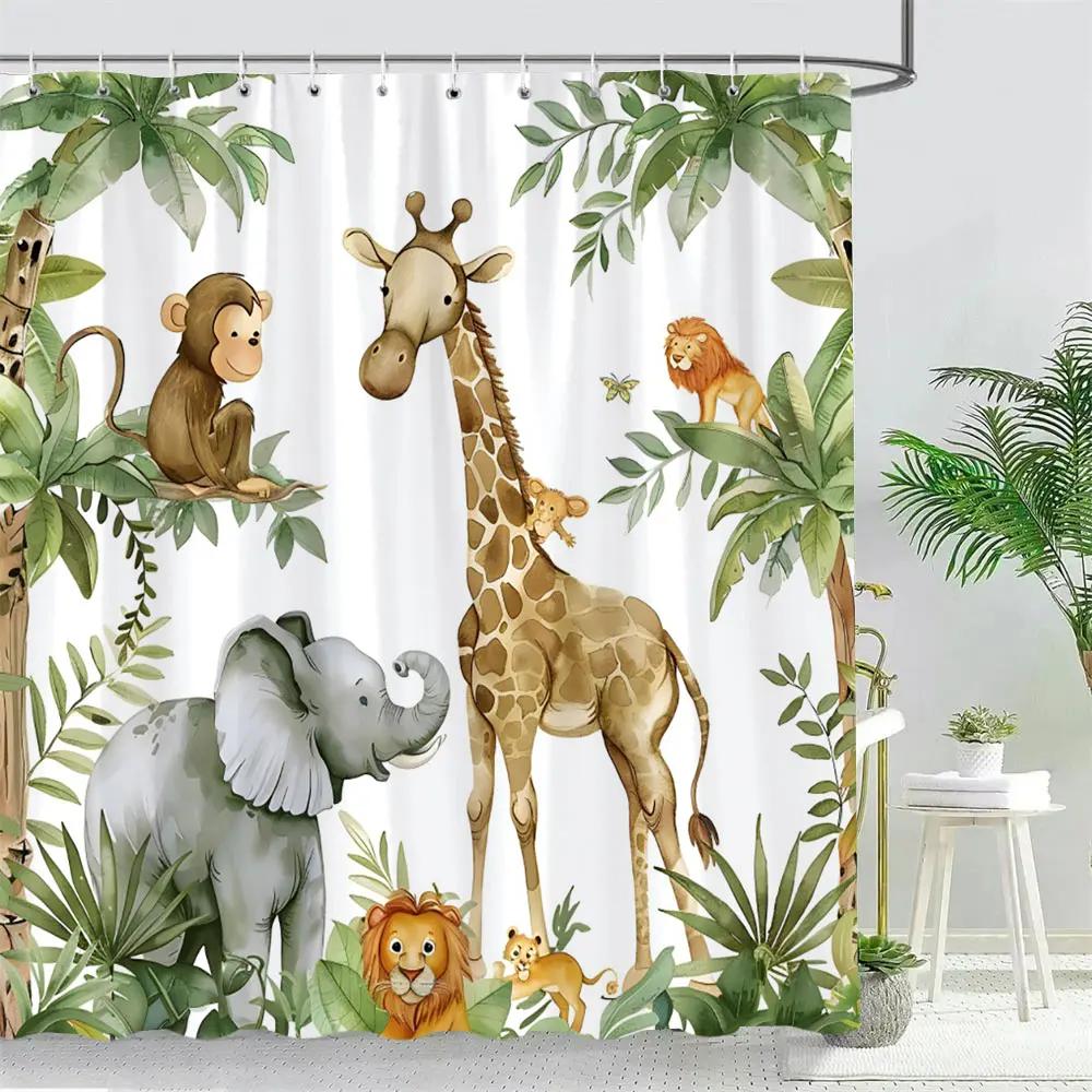 Funny Forest Animals Shower Curtain Elephant Giraffe Monkey Parrot Watercolour Art Creative Printed Bath Curtains Bathroom Decor