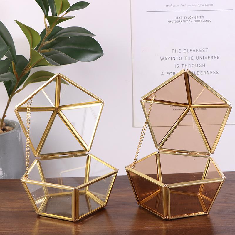 Pentagon Gjennomsiktig Smykkeoppbevaringsboks Geometrisk Klar Smykkeutstillingskasse Ring Øredobb Organizer Holder Bordplatebeholder