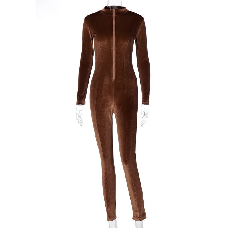 

Solid Slim Fit Crewneck Zip Jumpsuit Pure Color Silm round Neck Zip Jumpsuit Brown S