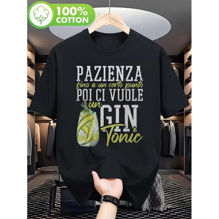 Funny Italian Gin Tonic Men's T-Shirt | Black Color, Humorous Italian Gin Print "Gin Tonic Yes Please" on the Back, Short Sleeve Casual, Perfect for