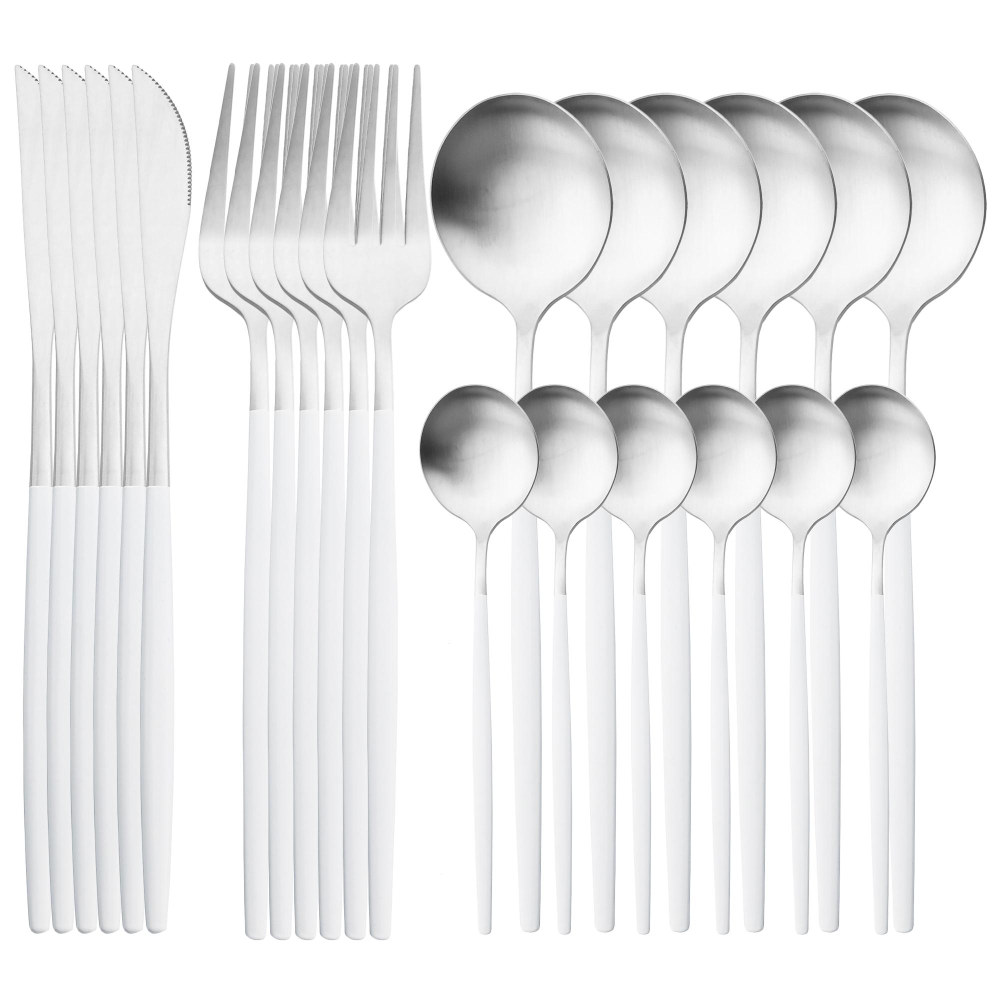 

24 шт., матовый черный золотой набор столовых приборов, нож из нержавеющей стали, вилка, ложка, обеденная посуда, столовые приборы, однотонная посуда серебряный/белый