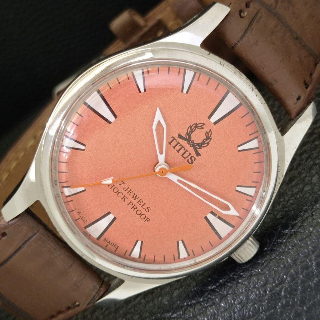

ШВЕЙЦАРСКИЕ ВИНТАЖНЫЕ МУЖСКИЕ ЧАСЫ TITUS С РУЧНЫМ ЗАВОДОМ, ОТРЕСТАВРИРОВАННЫЕ, С ПЕРСИКОВЫМ ЦИФЕРБЛАТОМ a500047-2 R151a-a500047