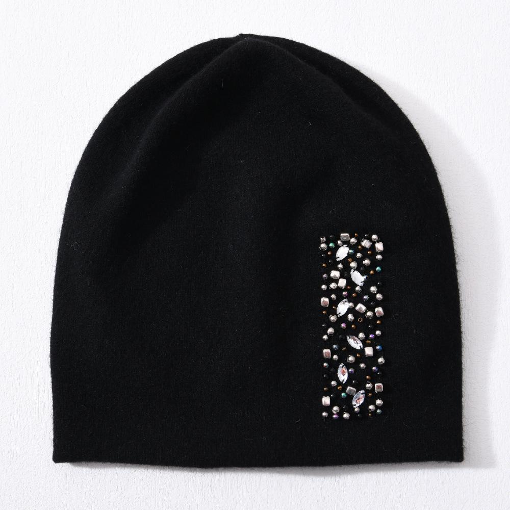 Solid color cold hat with pearl rabbit down knitted hat, soft waxy and comfortable men's and women's versatile double-layer warm wool hat
