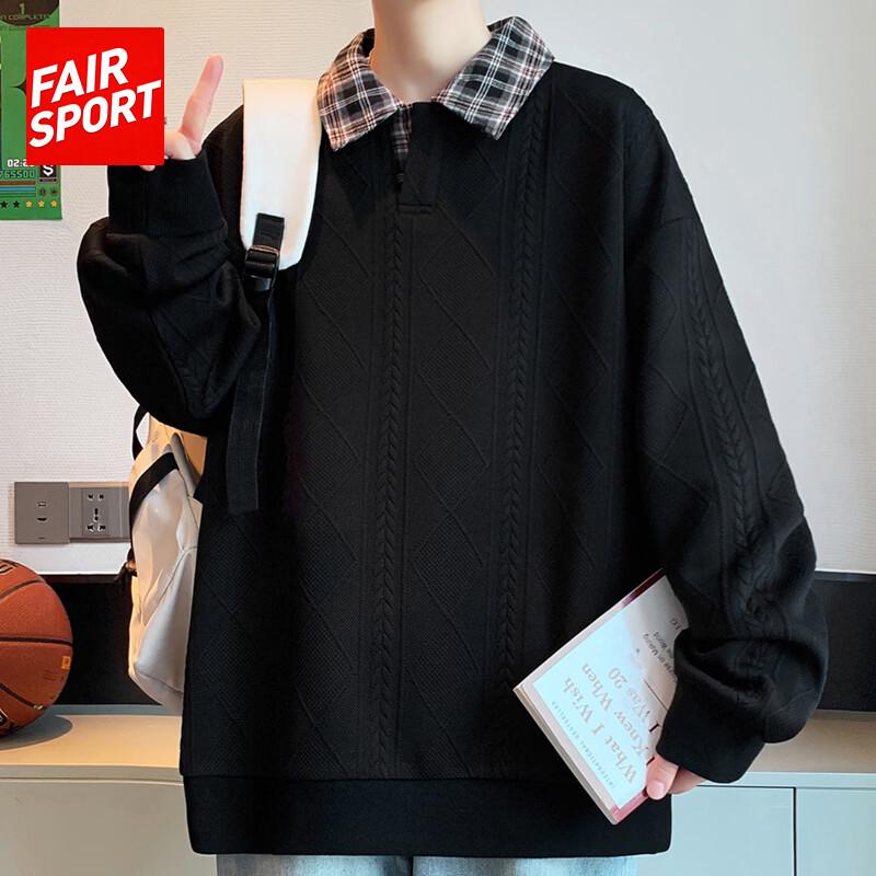 FAIR SPORT Men's Plaid Patchwork Polo Sweatshirt