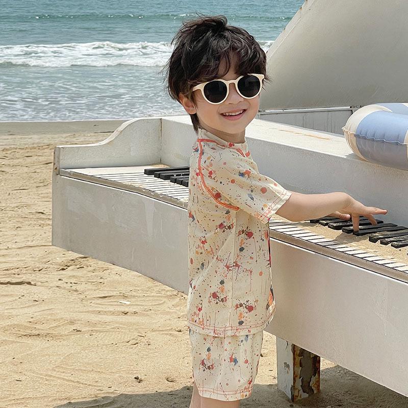 Colorful Cartoon Swimsuit Set for Kids: Short Sleeve Top & Shorts - Perfect for Beach or Hot Spring Adventures