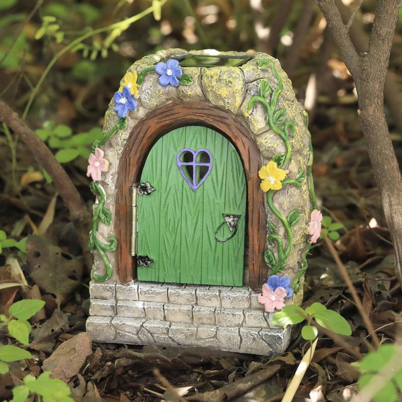 Garden Fairy Door Statue Solar Garden Statue Outdoor Fairy Gate Resin Tree Miniatures With Steps And Open Door Mystical Lighted