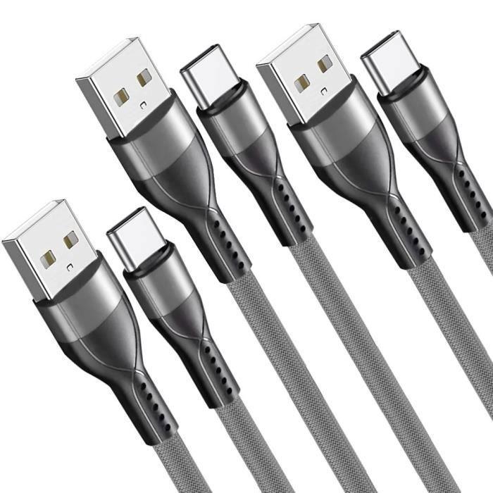 Lot de 3 Câble USB-C Rapide 3A pour Google Pixel 9 - 9 Pro - 8 - 8a - 8 Pro - 7 - 7a - 7 Pro - 6 - 6 Pro - 6a - 1 Mètre Gris Nylon