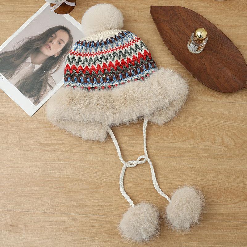 

Ethnic Style Furry Warm Hat Women s Winter Plush Thickened Hairball Cold Hat Outdoor Ski Hat one size
