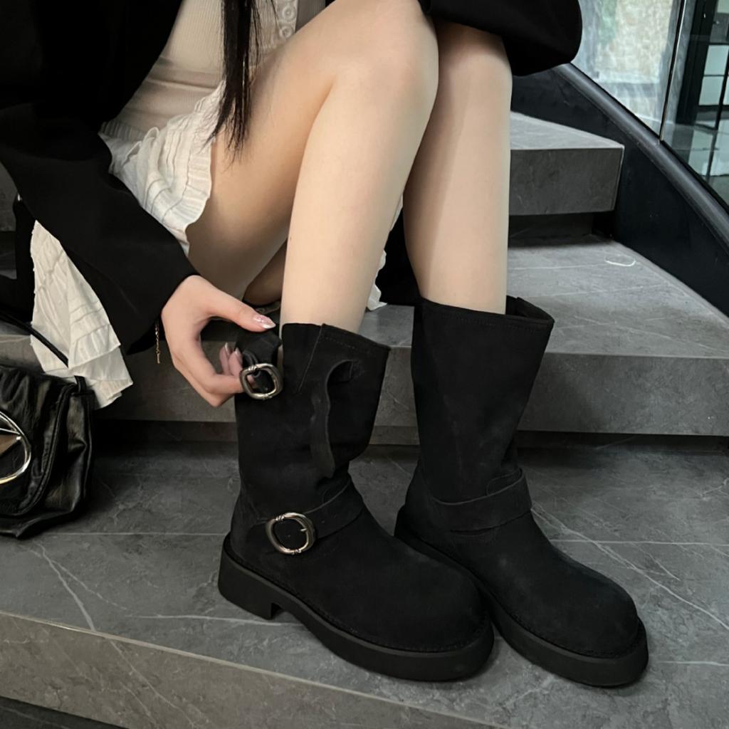 Cowhide Version Stacking Boots Women's Boots King Fried Medium Tube Thick-soled Stacking Boots Are Thin, Cover Meat and Show Legs, Long Autumn and