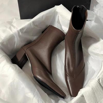 Fashion Women's High Heel Short Boots 2024 Autumn/Winter New Style Women's Square Heel Style Zipper Pointed Elastic Thin Tube Boots