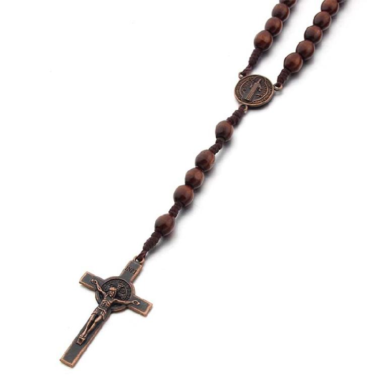 Pendentif Crucifix Vintage Collier Tressé Perles en Bois Chaînes de Pull pour Femmes