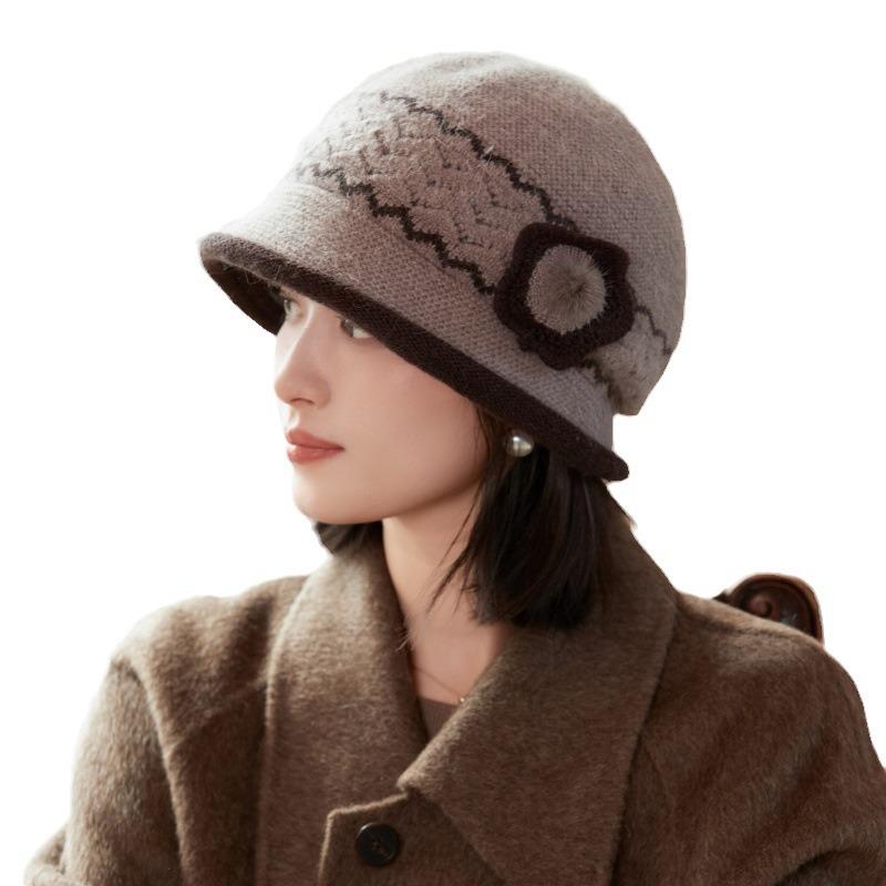 Rabbit wool knitted bucket hat temperament fleece basin hat middle elderly mother elegant warm wool hat