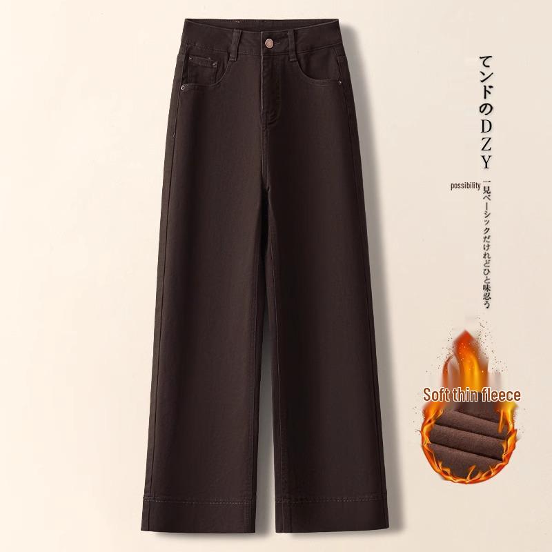 2024 High-Waisted Fleece-Lined Cropped Straight-Leg Retro Dark Blue Women's Jeans for Autumn/Winter