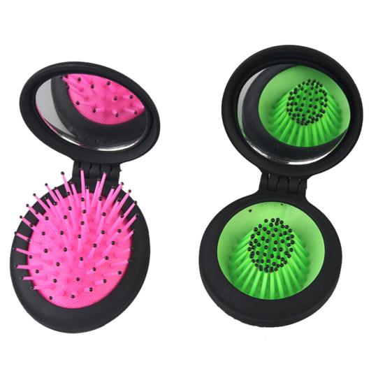 Portable Folding Travel Makeup Soft Scalp Hair Brush Massager Comb with Mirror