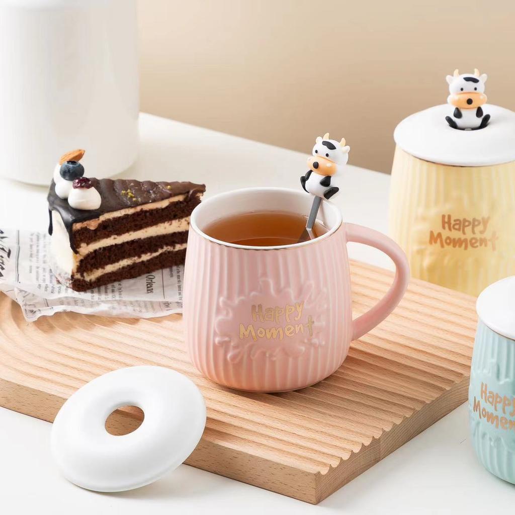 Creative Cute Cow Mug with Lid Spoon Ins Style Couple Pair Cup Gift Cup Home Office Cup