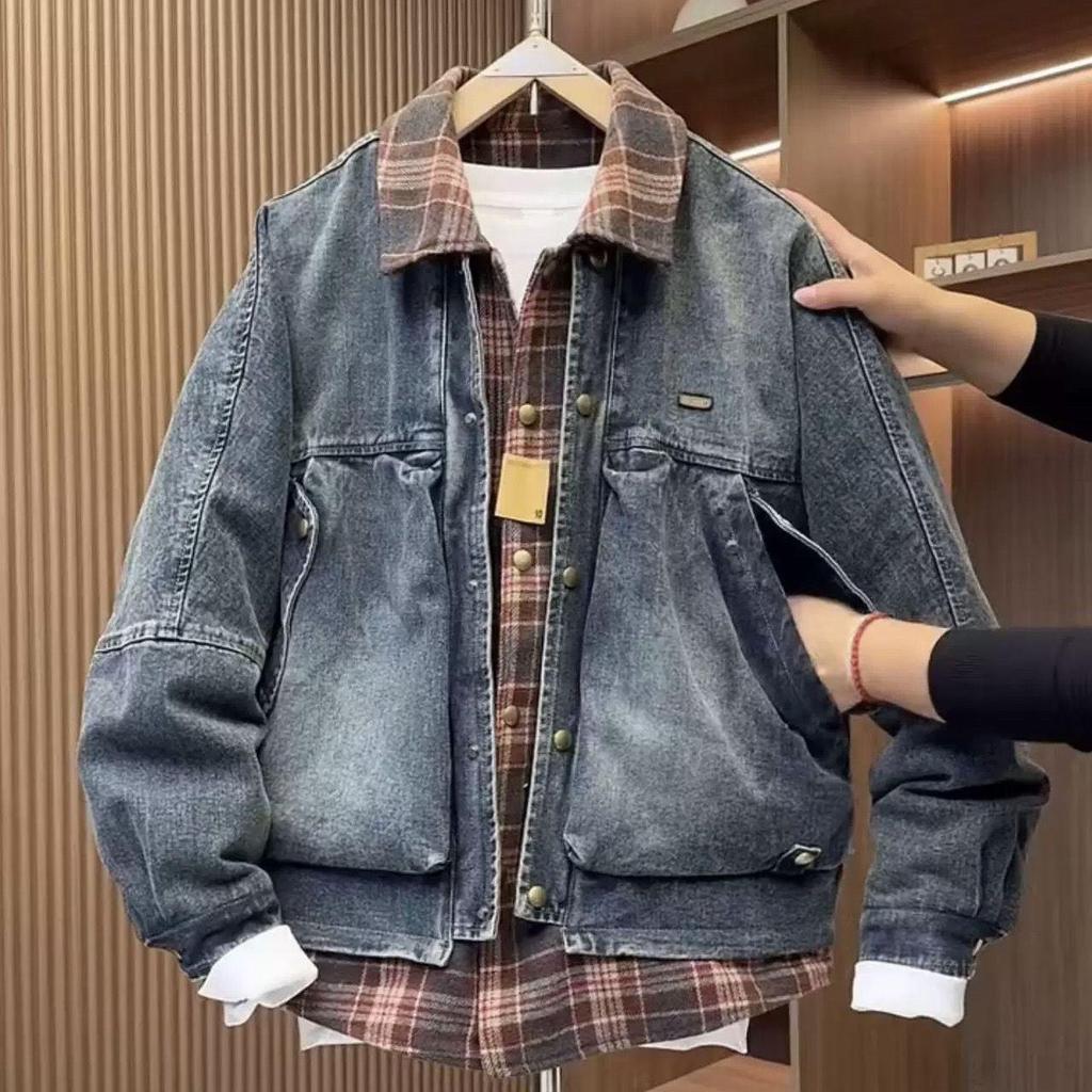 Men's 2025 Winter Lapel Denim Plaid Patchwork Down Jacket - Two-Piece Look, Thick & Warm Outerwear