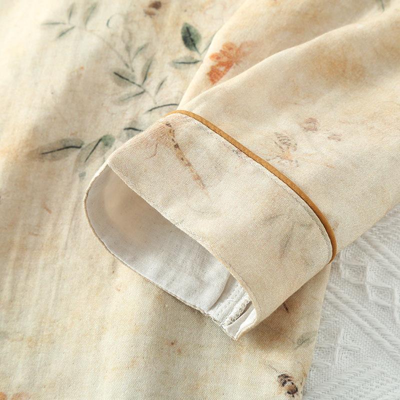 Women's Long-sleeved Chinese National Style Cotton Nightgowns for Women Spring / Summer Thin Bamboo Cotton Double-layer Gauze Nightdress