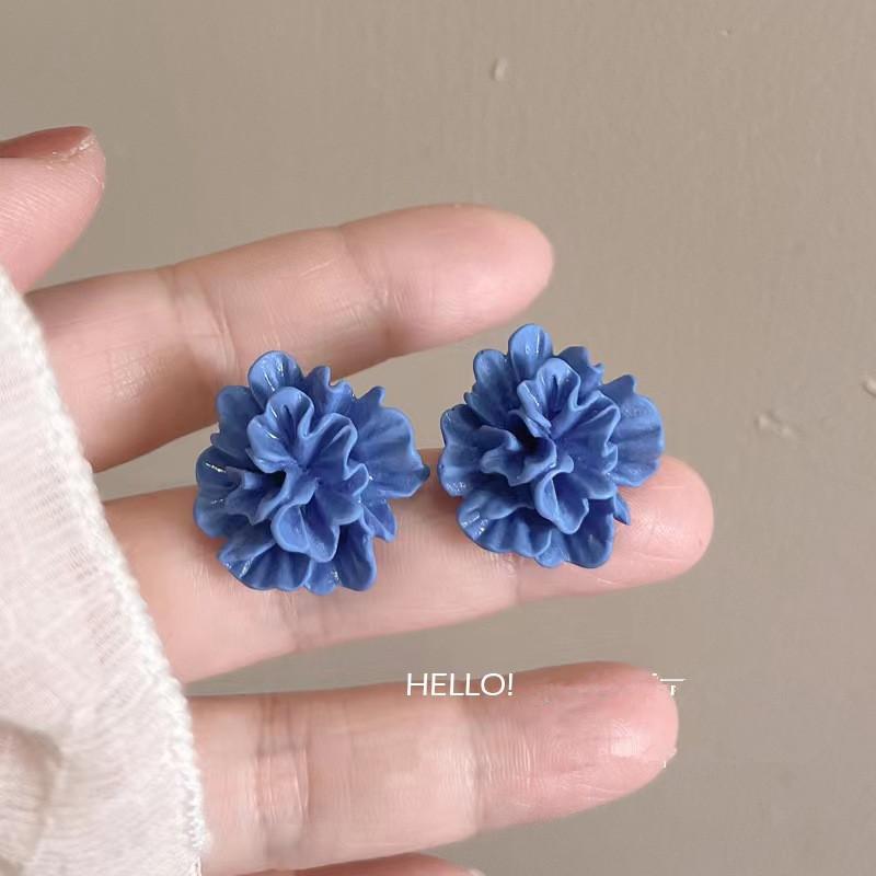 Red Blue Enamel Flower Stud Earrings for Women Korean Five Petals Crystal Flowered Lovely Cute Girls Ear Decoration