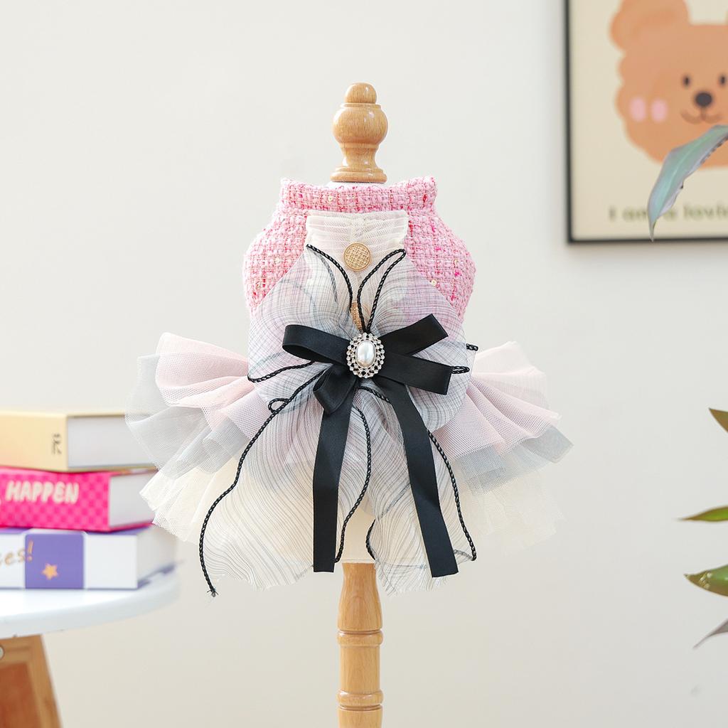 Luxury Tweed Cat Dress Bow Hair Clip + Pearl Necklace + Layer Tulle Skirt Outfit, Elegant Princess Pet Clothes for Dogs Cats