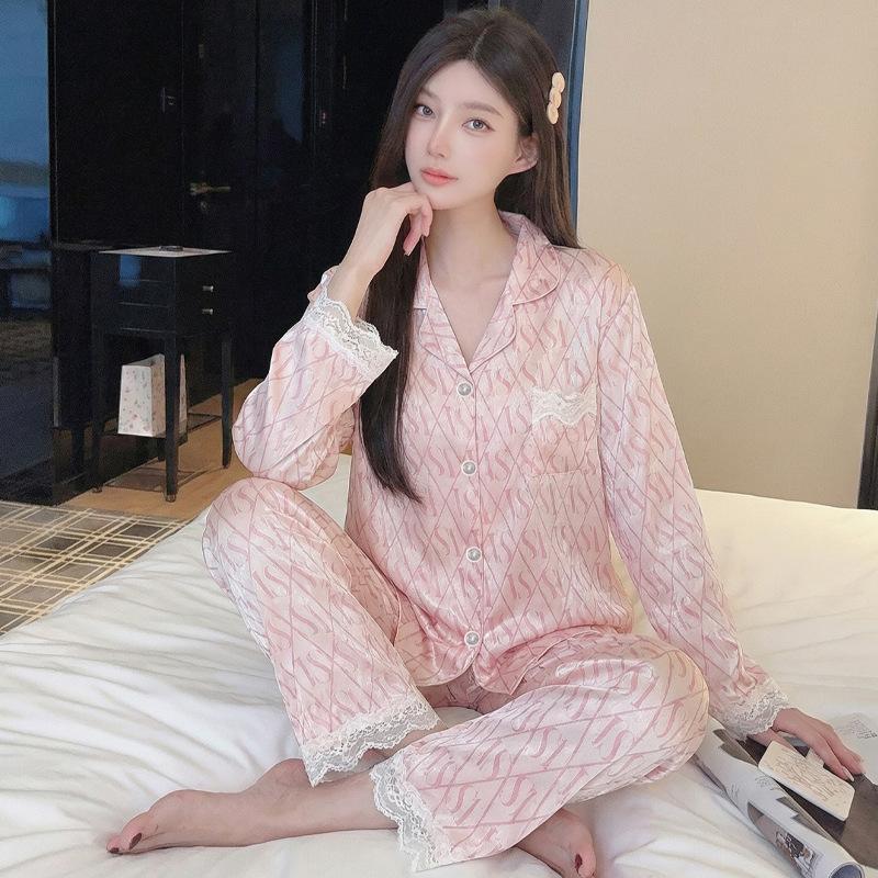 Ice Silk Pajamas Women'S Spring Thin Long-Sleeved Two-Piece Set, Sweet And Cool Loungewear Can Be Worn Outside