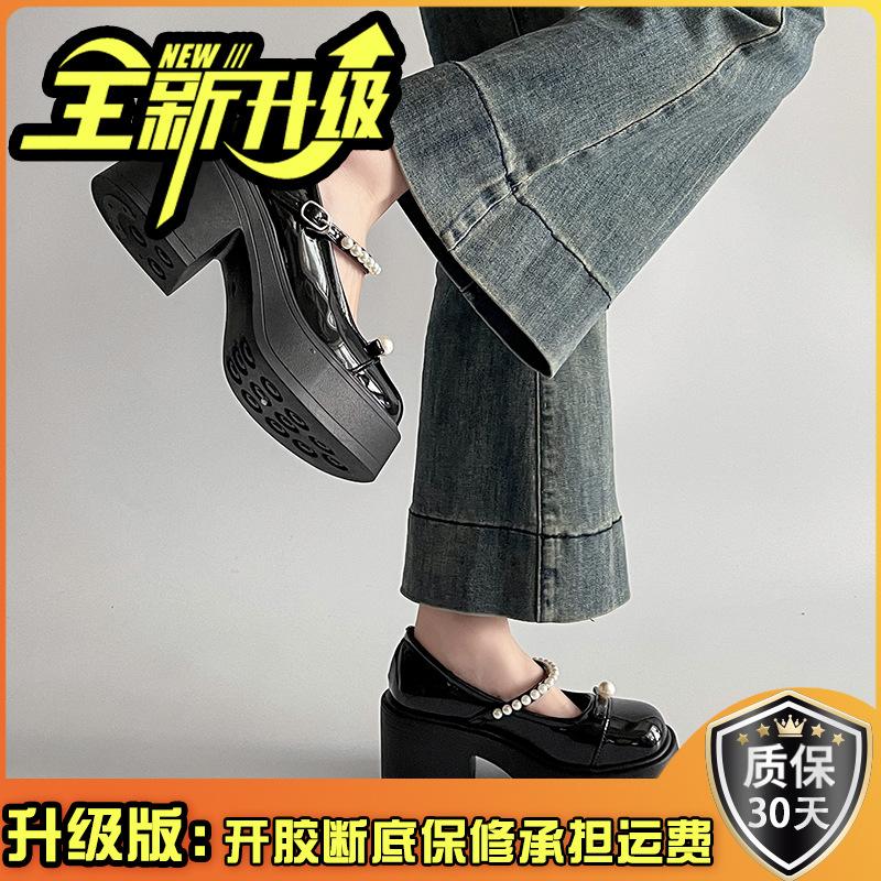 High-heeled Mary Jane shoes women's summer new retro round head bow single shoes pearl thick heel jk small leather shoes