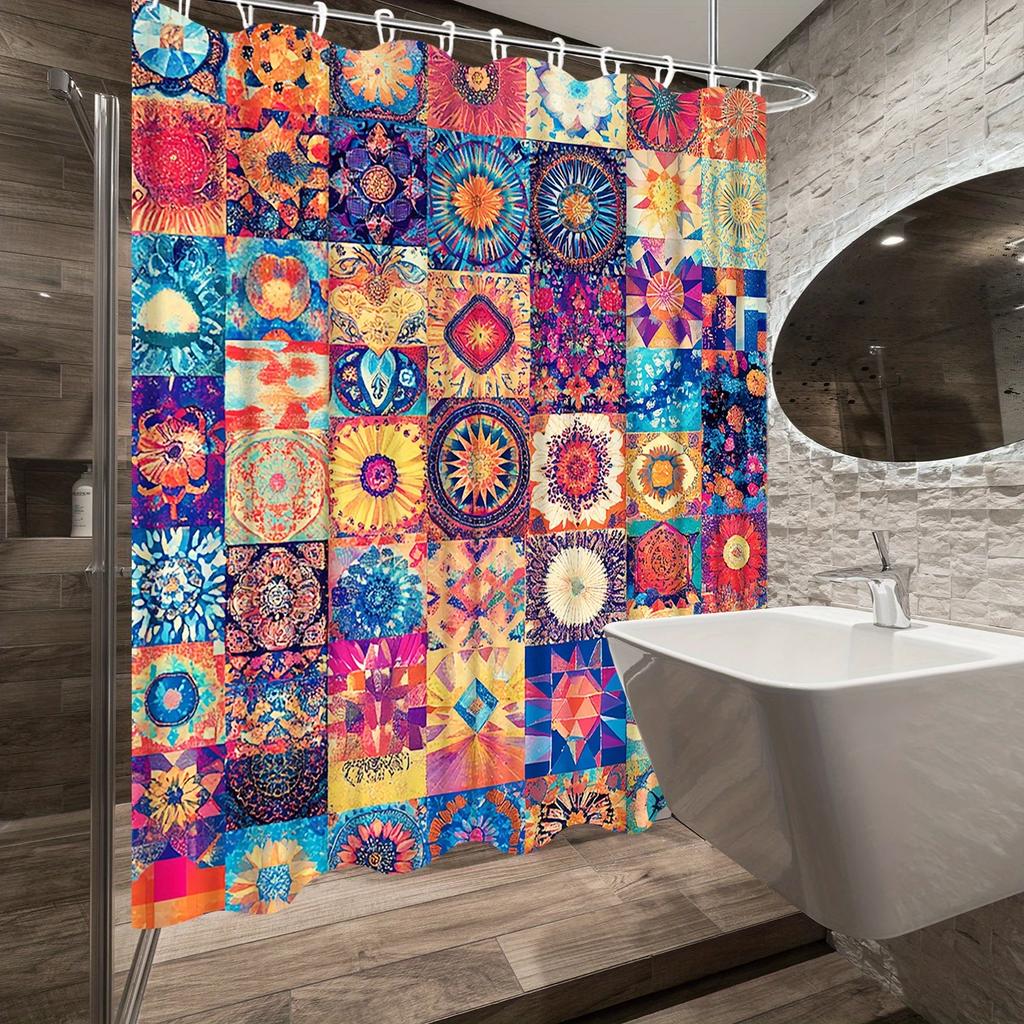 1pc Polyester Mandala Shower Curtain - Floral & Geometric Patterns, Vibrant Colors, Woven Arts Theme, Modern Traditional Style