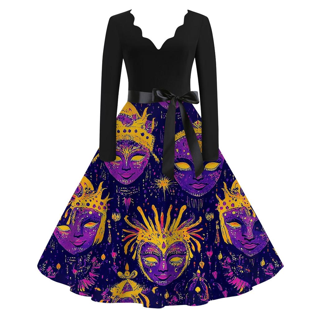 Damen Casual Fashion V-Ausschnitt Langarm Karneval Print Vintage Kleid