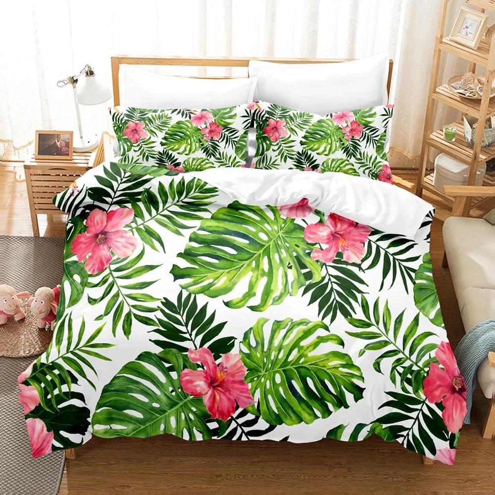 High-quality Warm Comforter Cover Beding Set Print Gren Leaves Rainforest Soft Duvet Cover Set Pilowcases House De Couete King Quen