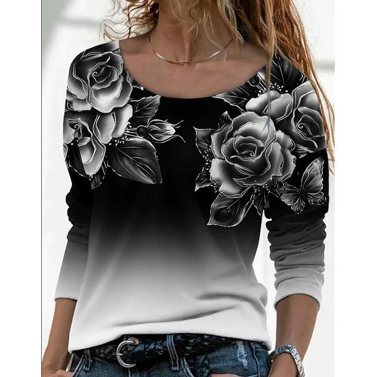 Round Neck 3D Flowers Gradually Sparkling Printed Top Fashionable Casual Long Sleeved Women's T-shirts