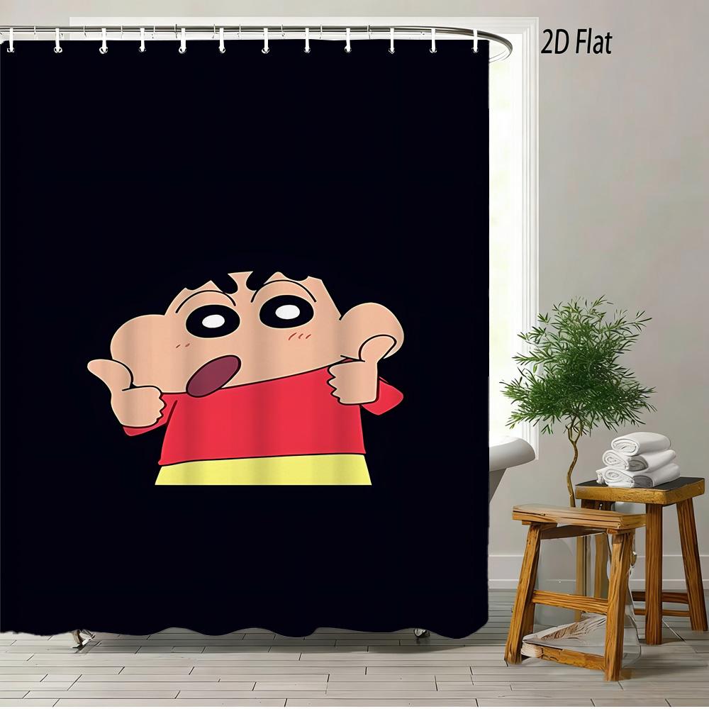 Crayon Shin-Chan Running & Cheering On Mountain Top 2D Print Waterproof Shower Curtain, Minimalist Blue Sky Bathroom Decor With