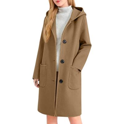 Womens Solid Color Jacket Casual Loose Fit Button Coats Button Up Long Sleeve Outerwear With Pocket, Hooded Overcoat