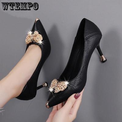 Microfiber Leather High Heels Women's Thin Round Heels Anti-kick Butterfly Women's Single Shoes Fairy High Heels Shoes