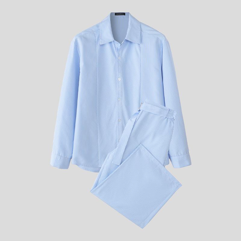 

INCERUN 2 шт. Мужские полосатые рубашки с длинным рукавом, длинные брюки, повседневные комплекты, наряды 4XL синий