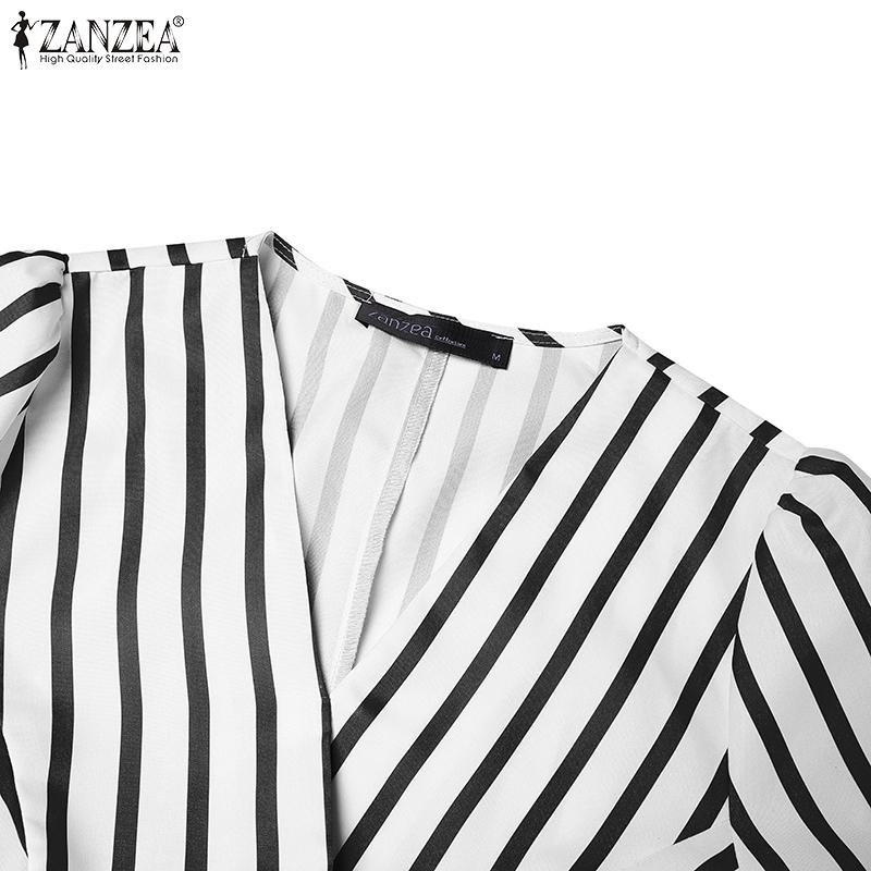 ZANZEA Women Casual V-Neck Loose Short Sleeve Stripe Dress
