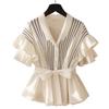 Summer New Women's Elegant Belted Striped Long-sleeved Shirt Ruffled Short-sleeved Top