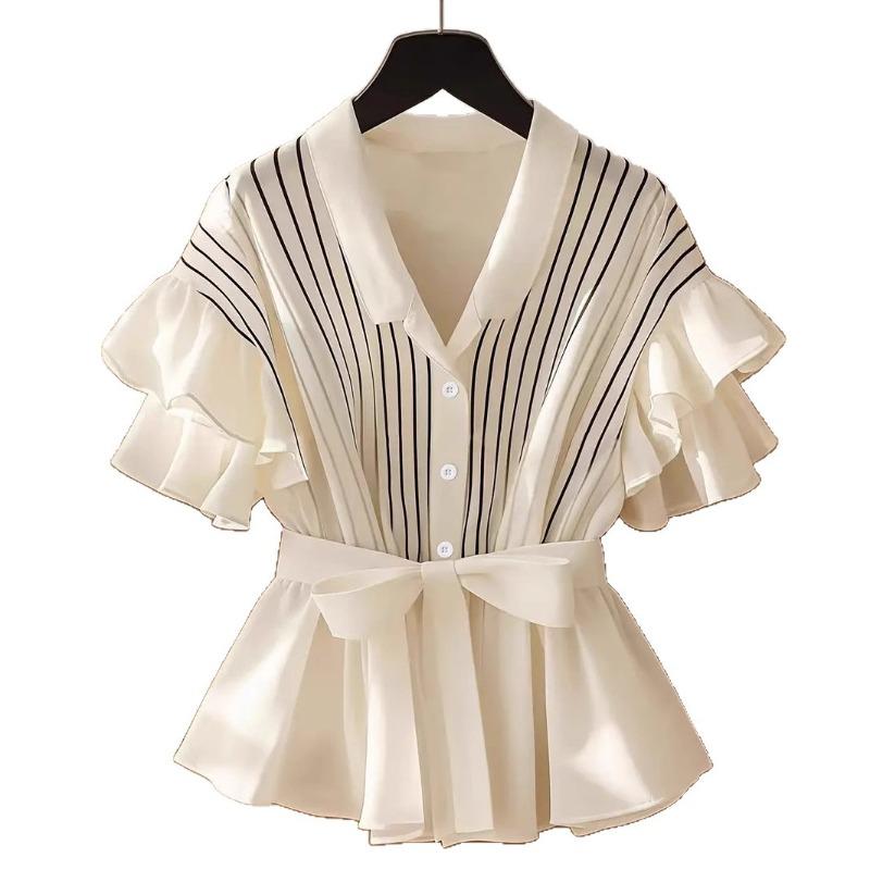 Summer New Women's Elegant Belted Striped Long-sleeved Shirt Ruffled Short-sleeved Top